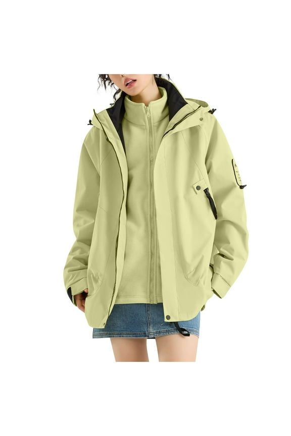 Women's Waterproof Rain Jacket with Hood Three-in-One Graphene Fleece Warm Liner Two-Piece Zipper Pocket Outdoor Jacket 2025 Green,S