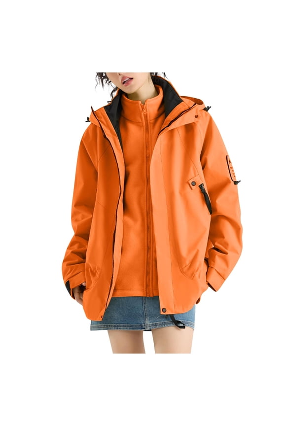 Women's Waterproof Rain Jacket with Hood Three-in-One Graphene Fleece Warm Liner Two-Piece Zipper Pocket Outdoor Jacket 2025 Orange,S