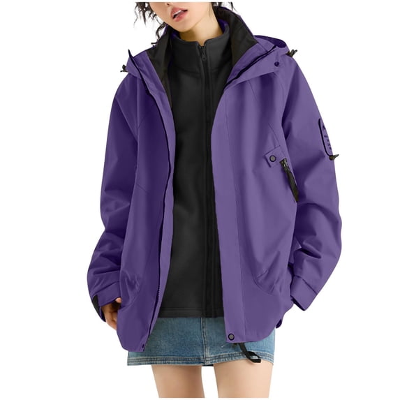 nerohusy Women's Waterproof Rain Jacket with Hood Three-in-One Graphene Fleece Warm Liner Two-Piece Zipper Pocket Outdoor Jacket 2025 Purple,XXXL