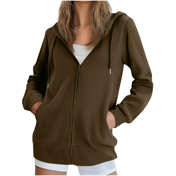 nerohusy Women's Zip Up Hoodie Waffle Knit Sweater Oversized Comfort Lightweight Hooded Sweatshirt Jacket Coat with Pockets Brown,S