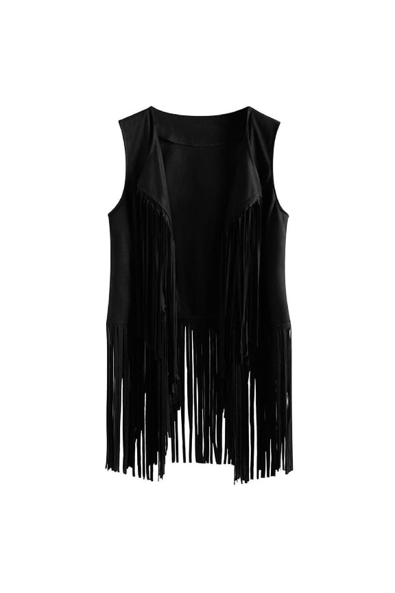 Womens 70s Cowboy Fringe Tassel Suede Leather Vintage Western Sleeveless Vest Jacket Black,XXL