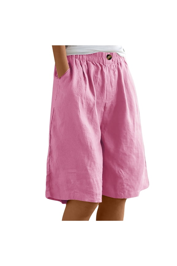 Womens Bermuda Shorts 2025 Knee Length High Waisted Wide Leg Linen Shorts Summer Cozy Loose Beach Long Short with Pockets Pink,M