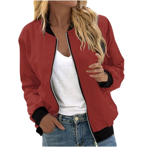 nerohusy Womens Bomber Jacket Quilted Zip Up Lightweight Windproof Baseball Jackets Stand Collar Fall Varsity Coat Outerwear with Pockets Red,L