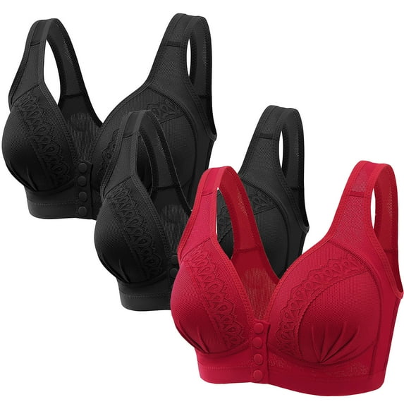 nerohusy Womens Bras Pack,3PCS Women Daily Bra Wireless Sports Push Up Bra,Front Buckle Closure Everyday Bra Lingerie Underwear Plus Size Comfort Breathable,RedXXXL