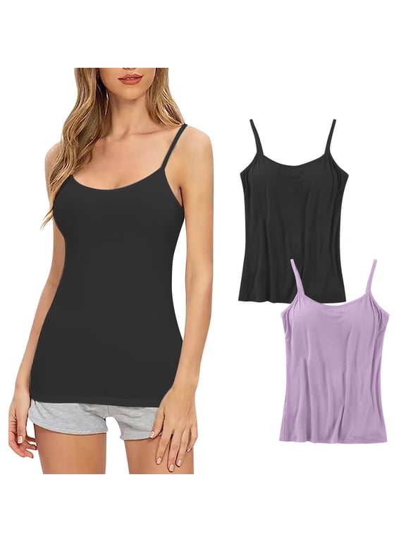 Womens Built in Bra Tank Tops Cotton Camisole Tops for Women Built in Bra No Underwire 2024 Summer Casual,2 Pack Spaghetti Strap Gym Womens Tank Tops Black,M