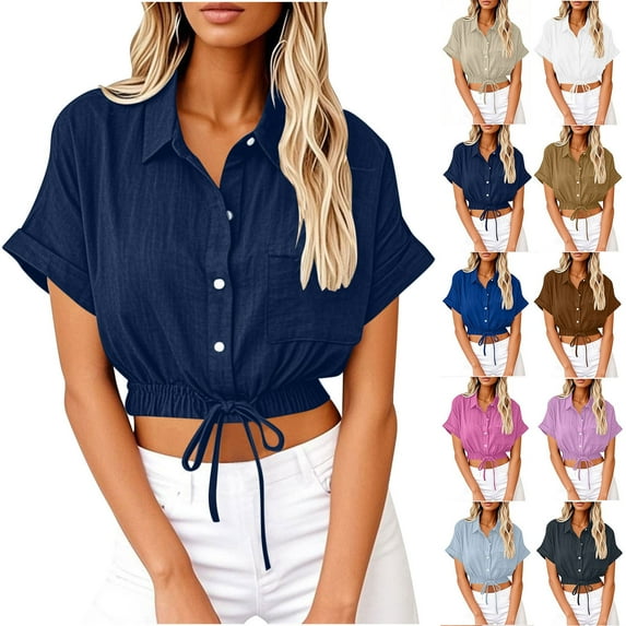 nerohusy Womens Button Down Tie Cropped Shirts Short Sleeve Casual Lapel Tops Solid Color Linen Blouses,Blue,XXL