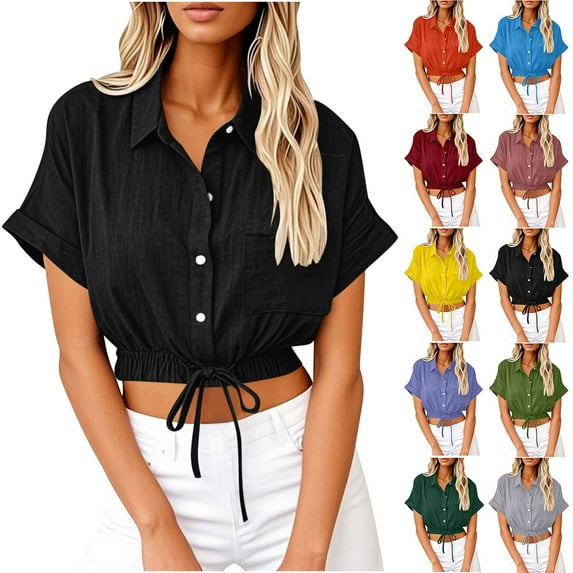 nerohusy Womens Button Down Tie Cropped Shirts Short Sleeve Casual Lapel Tops Solid Color Linen Blouses,Yellow,XXL