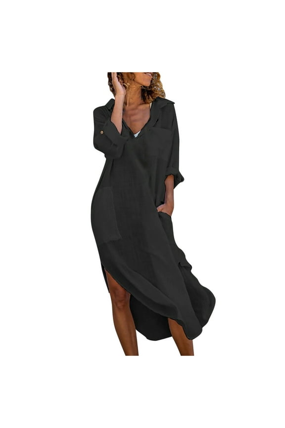 Womens Cardigan Summer Cover Up Dress Lapel Neck Long Sleeve Split Hem Dresses Cotton Linen Button Dress with Pockets Black,S