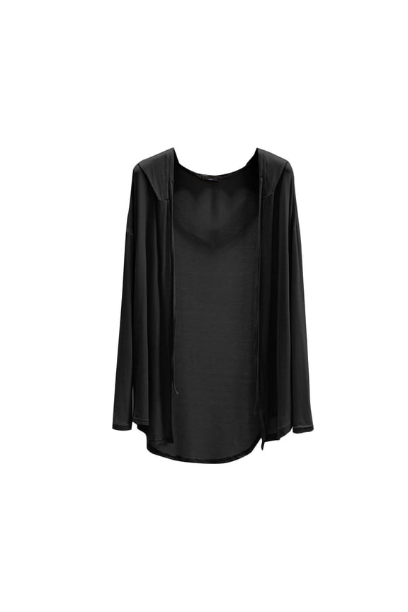 Womens Cardigan Summer Lightweight Casual Trendy Open Front Cardigans Long Sleeve Modal Duster Hooded Solid Color Thin Black,XL