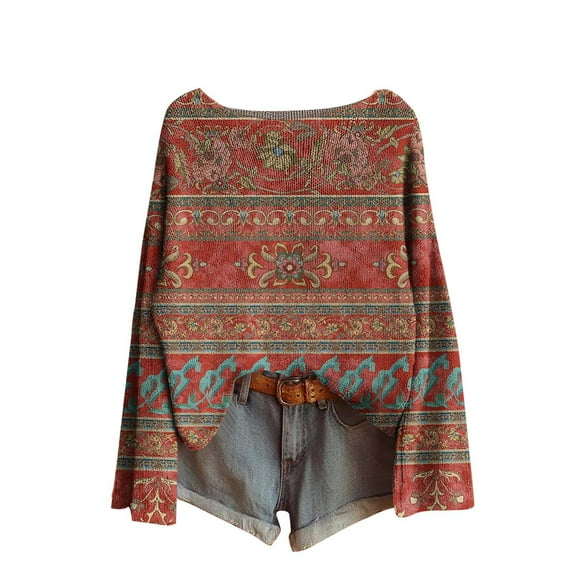 nerohusy Womens Fall Boho Sweaters 2025 Vintage Floral Graphic Tshirts Round Neck Jumper Shirt Long Sleeve Oversized Knit Pullover Top Orange,S
