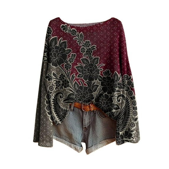 nerohusy Womens Fall Boho Sweaters 2025 Vintage Floral Graphic Tshirts Round Neck Jumper Shirt Long Sleeve Oversized Knit Pullover Top Wine,M