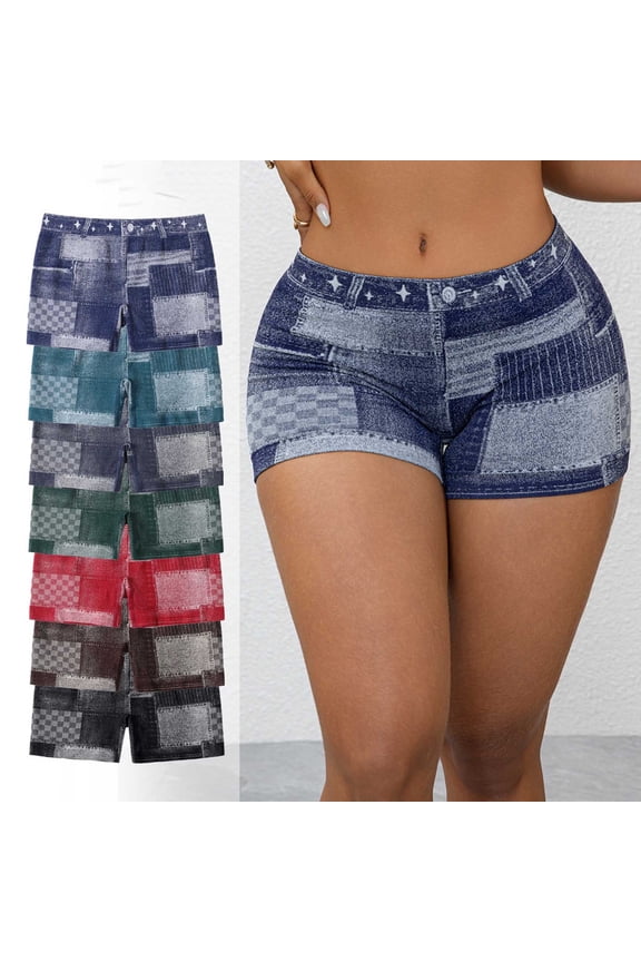 Womens Faux Denim Shorts Stretch Butt Lifting Jean Short Casual Booty Jogging Yoga Shorts,Black,XXL