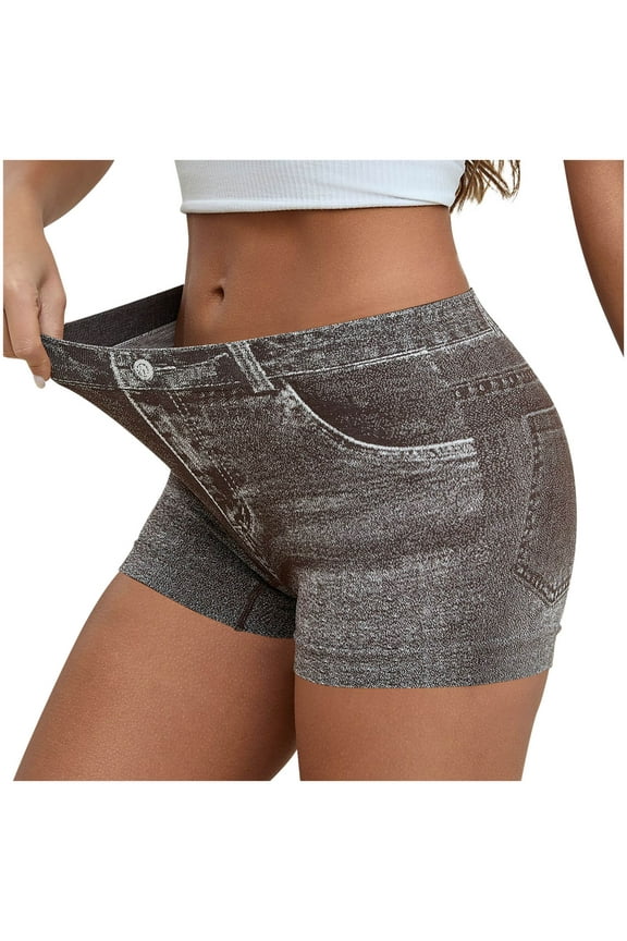 Womens Faux Denim Shorts Stretchy Butt Lifting Mid Waisted Jean Shorts Plus Size Booty Jegging Shorts for Curvy Women Coffee,M