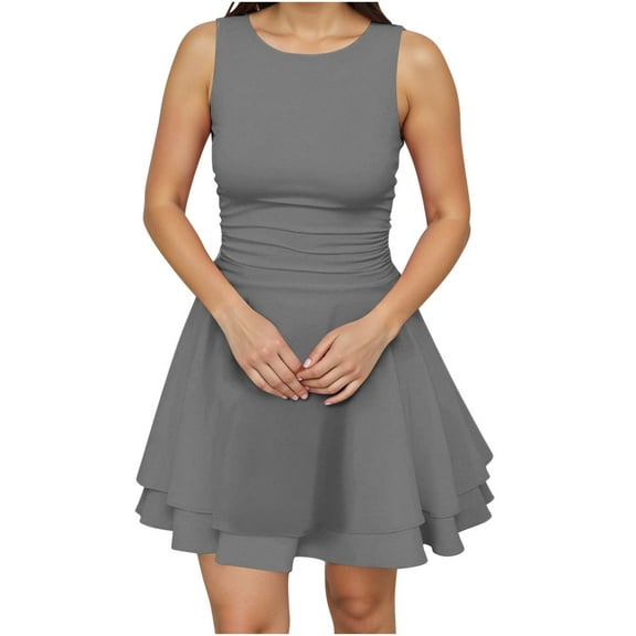 nerohusy Womens Formal Ruffled Hem Sleeveless Boat Neck A Line Short Dresses Bodycon Pleated Cocktail Dress Mini Skirt Gray,XL