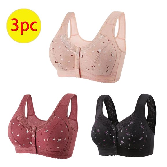 nerohusy Womens Front Closure Bras for Seniors,Comfortable Daisy Bra for Seniors,3-Pack Women's Daisy Bra Push Up Wireless Everyday Bras Plus Size 2024 Pink,XXL