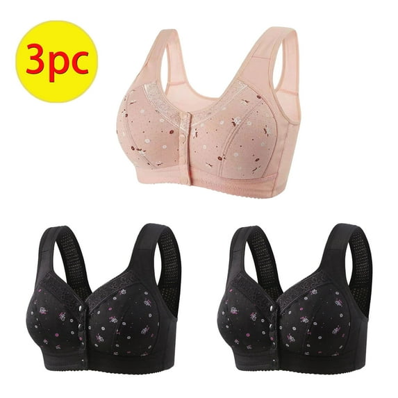 nerohusy Womens Front Closure Bras for Seniors,Comfortable Daisy Bra for Seniors,3-Pack Women's Daisy Bra Push Up Wireless Everyday Bras Plus Size 2024 Pink,XL
