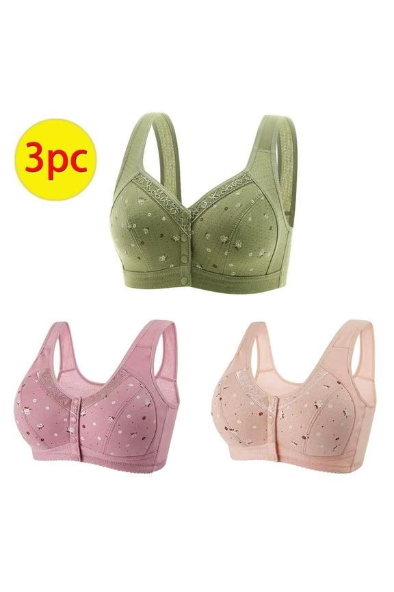 Womens Front Closure Bras Seniors,Front Closure Bras for Women, Comfort Seamless Bras for Seniors, Front Button Daisy Bra,Womens Push Up Everyday Bras 3-Pack,Army Green,XXL