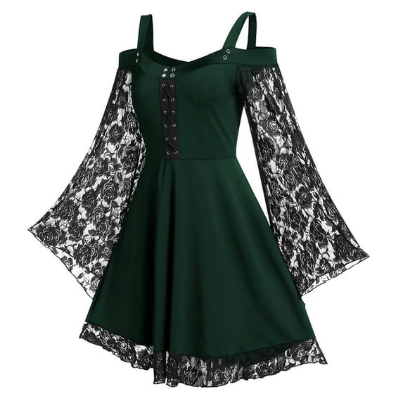 nerohusy Womens Gothic Dresses Vintage Lace Patchwork Sleeve Women Dress Plus Size Goth Bandage Ladies Spaghetti Strap Dresses 2025 Green,XXL