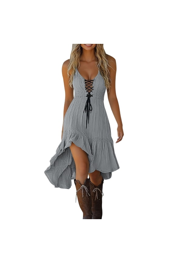 Womens Gothic Western Midi Dress Cute Spaghetti Strap High Low Hem Vintage Cowgirl Sleeveless Ruffled Sundress Gray,S