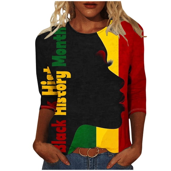 nerohusy Womens Graphic Tees Shirts for Women 3/4 Sleeve Crew Neck Colorblock Pride Tops African Shirts Tops Tunic Cotton Pullover 2025 Multicolor,XL