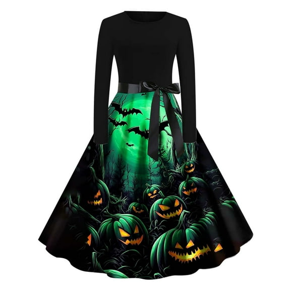 nerohusy Womens Halloween Dress Long Sleeve Plus Size Halloween Costumes Midi A Line Vintage Pumpkin Dress Witch Dress Green,XL