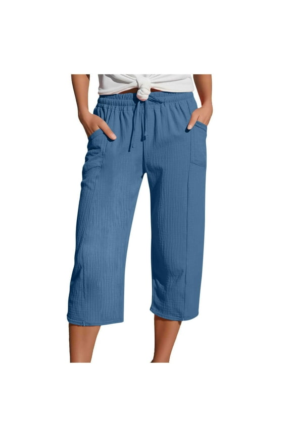 Womens Knit Capris with Elastic Waist and Pockets Wide Leg Capri Pants Casual Summer Cotton Stretch Pants Comfy Drawstring Beach Capris Blue,XXL