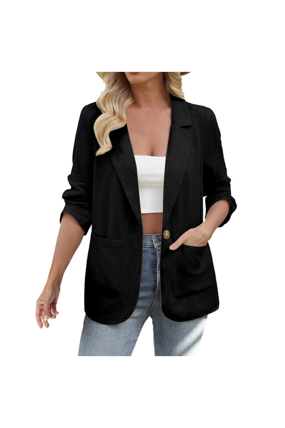 Womens Linen Blazer Casual Long Sleeve Lightweight One Button Jackets Spring Summer Fall Suit Jacket Coat with Pockets 2025 Black,L
