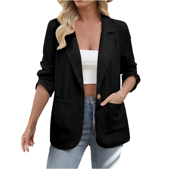 nerohusy Womens Linen Blazer Casual Long Sleeve Lightweight One Button Jackets Spring Summer Fall Suit Jacket Coat with Pockets 2025 Black,M