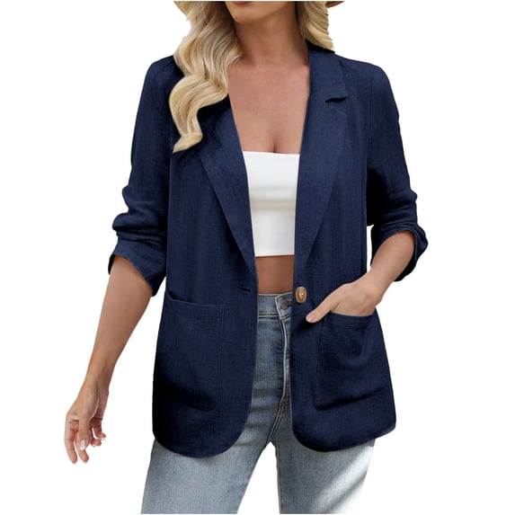 nerohusy Womens Linen Blazer Casual Long Sleeve Lightweight One Button Jackets Spring Summer Fall Suit Jacket Coat with Pockets 2025 Navy,XL