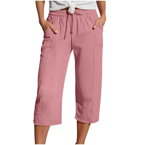 nerohusy Womens Linen Capris Summer Wide Leg Capri Pants Casual Stretch Waist Pants Loose Comfy Drawstring Beach Capris with Pockets Pink,XXL