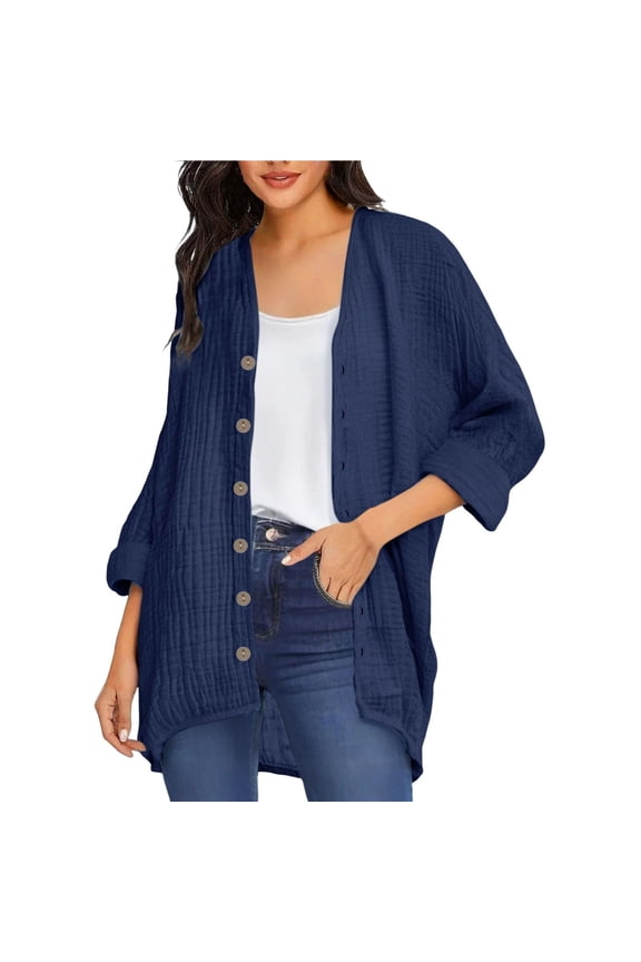Womens Linen Cardigan Lightweight Open Front Cardigan Shirt Soft 3/4 Sleeve Coat Casual Solid Color Button Loose Tops Navy,L