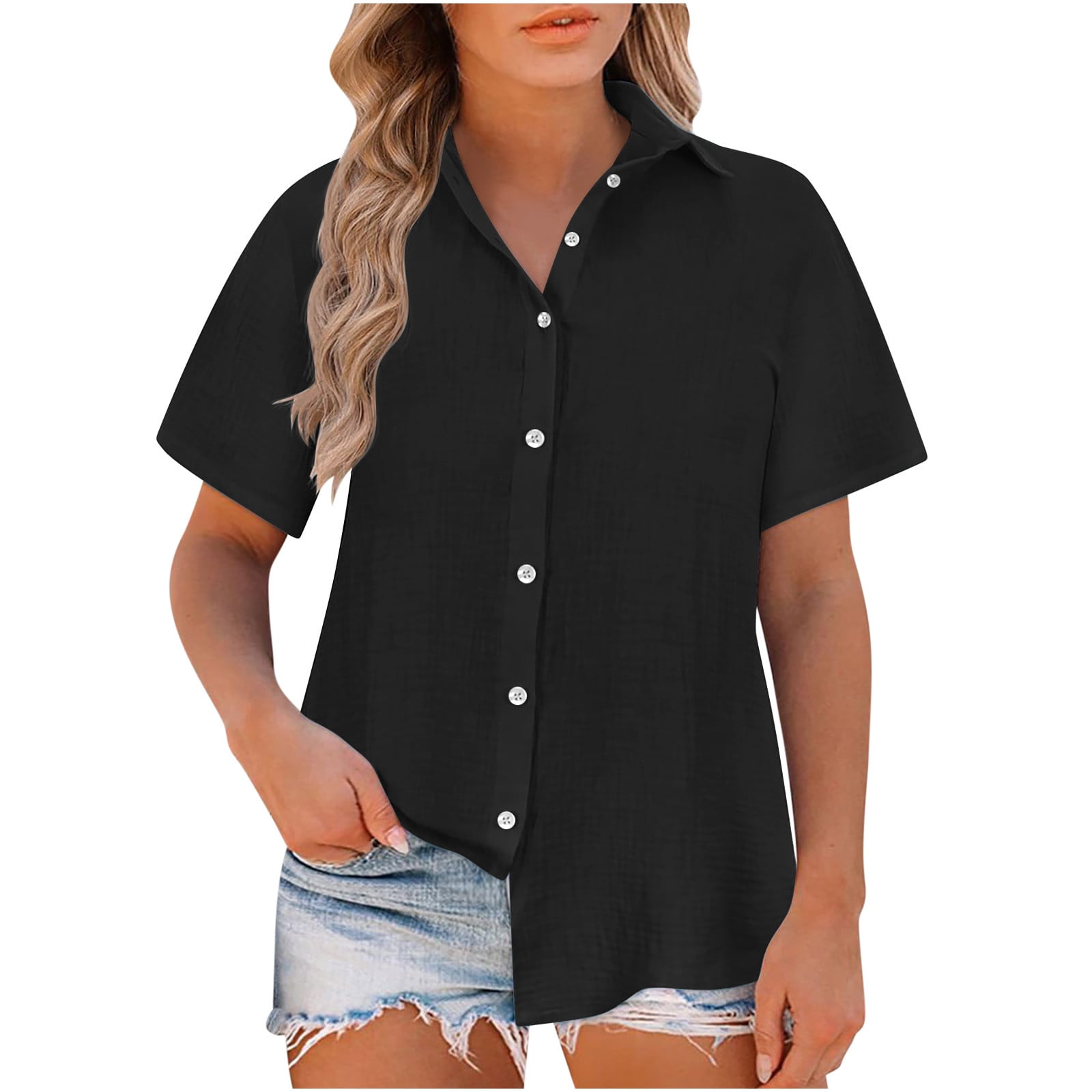Women's Cotton Linen T-Shirt Half Sleeve Turn-Down Collar Loose Fit Casual Tee Top