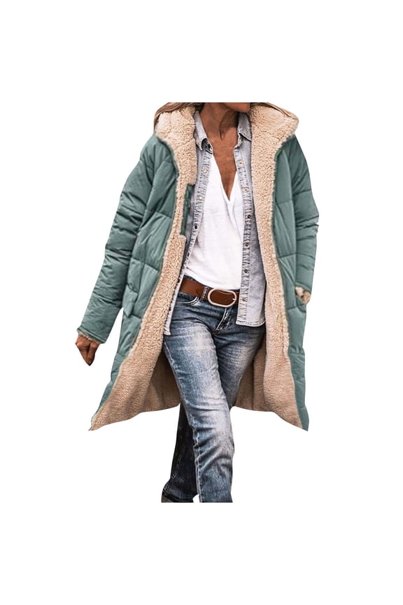 Womens Long Puffer Coats Reversible Fleece Jacket Oversized Long Sleeve Hooded Coat Winter Zip Parka Quilted Down Coat Mint Green,XL