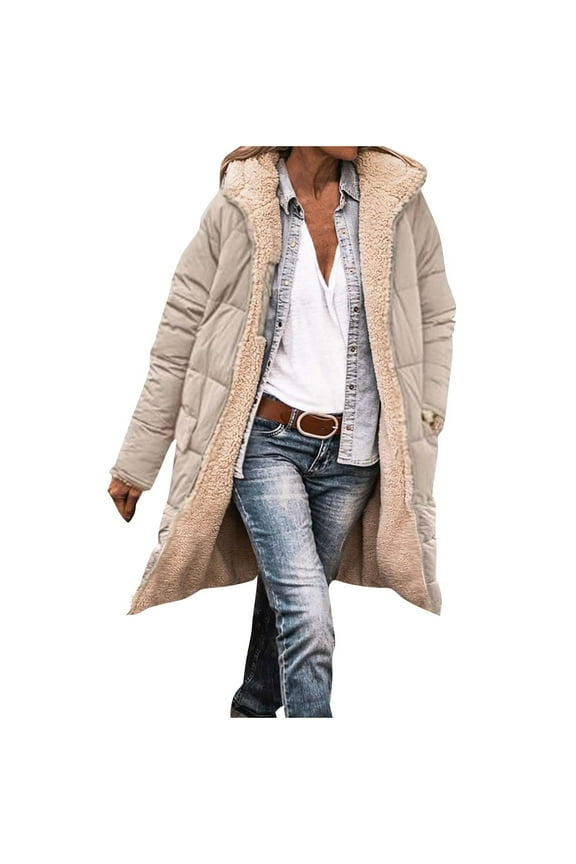 Womens Long Puffer Coats Reversible Fleece Jacket Oversized Long Sleeve Hooded Coat Winter Zip Parka Quilted Down Coat Pink,S