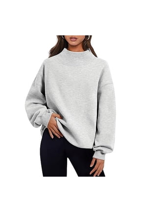 Womens Mock Neck Sweatshirt Fall Oversized Turtleneck Pullover Slouchy Fleece Long Sleeve Sweater Tops Preppy Sweatshirts Gray,L