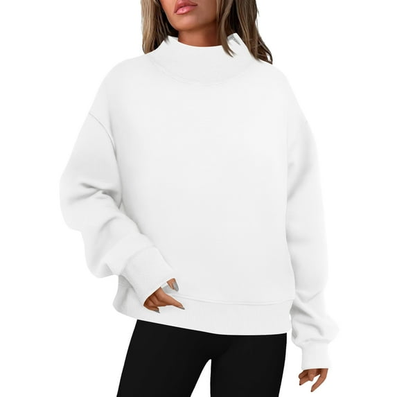 nerohusy Womens Mock Neck Sweatshirt Fall Oversized Turtleneck Pullover Slouchy Fleece Long Sleeve Sweater Tops Preppy Sweatshirts White,M