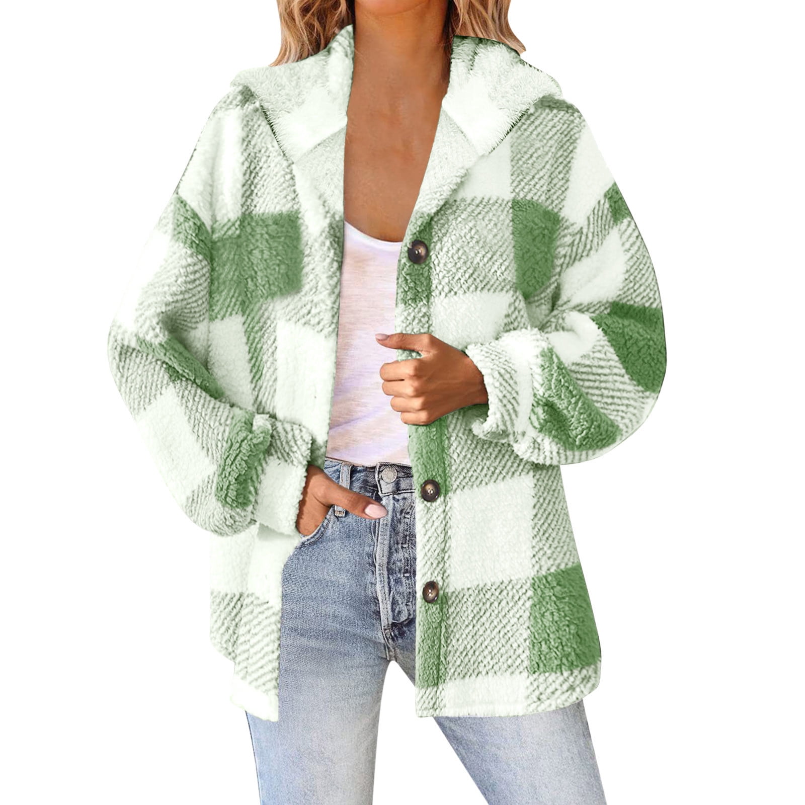nerohusy Womens Plaid Jackets Hooded Shacket Flannel Drawstring Jacket ...