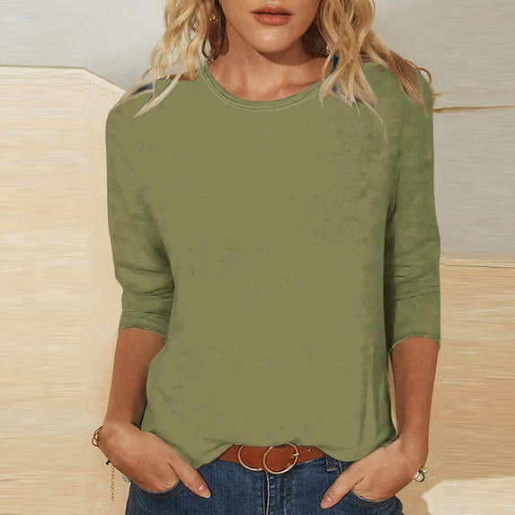 nerohusy Womens Plus Size 3/4 Sleeve Tshirt,3/4 Length Sleeve Womens Tops Summer Loose Solid Crewneck T Shirts Casual Three Quarter Length Dressy Blouses 2024