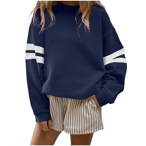 nerohusy Womens Pullover Sweatshirts Varsity Striped Color Block Long Sleeve Drop Shoulder Sweatshirt Oversized Sweat Shirts Tops 2025 Navy,XXL