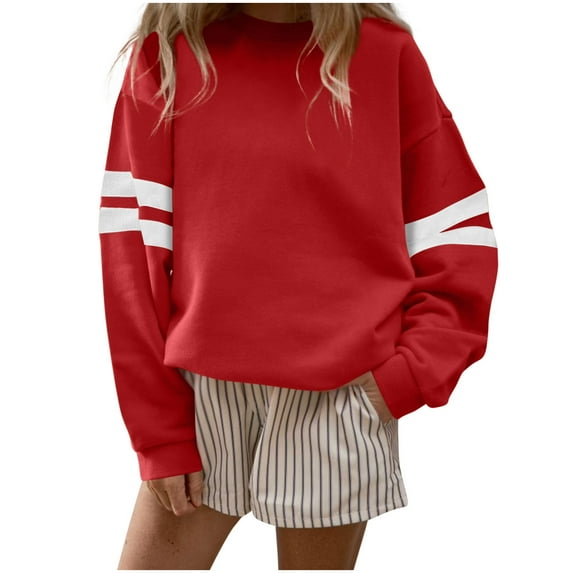 nerohusy Womens Pullover Sweatshirts Varsity Striped Color Block Long Sleeve Drop Shoulder Sweatshirt Oversized Sweat Shirts Tops 2025 Red,S