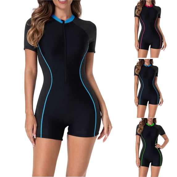 nerohusy Womens Quick Dry Surfing Suit Short Sleeve Half Zip Boyleg One Piece Swimsuit Beach Vacation Swimwear,Blue,XS
