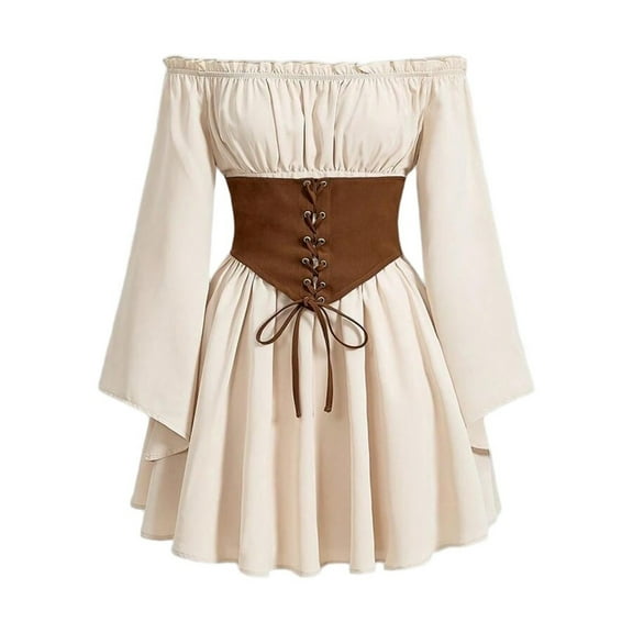 nerohusy Womens Renaissance Dresses Medieval Victorian Off Shoulder Flare Sleeve Pirate Costumes with Corset Belt for Halloween 2025 Beige,S