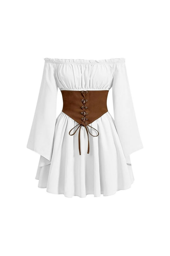 Womens Renaissance Dresses Medieval Victorian Off Shoulder Flare Sleeve Pirate Costumes with Corset Belt for Halloween 2025 White,M