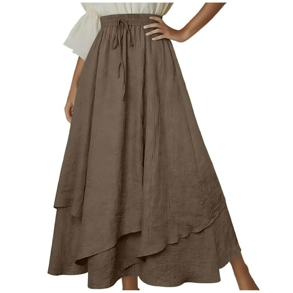 nerohusy Womens Renaissance Elastic High Waist Skirt Drawstring Double Layered Flowy Long Skirts Vintage Boho Skirts with Pockets 2025 Brown,XL