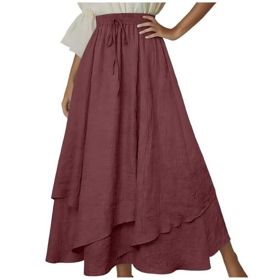 nerohusy Womens Renaissance Elastic High Waist Skirt Drawstring Double Layered Flowy Long Skirts Vintage Boho Skirts with Pockets 2025 Red,S