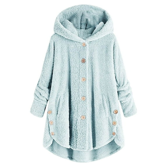 nerohusy Womens Sherpa Jacket with Hood Plus Size Cute Teddy Bear Coats Button Down Fleece Faux Fur Cardigans Winter Outerwear 2024 Blue,XXL