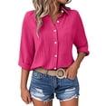 thumbnail image 1 of nerohusy Womens Shirts 3/4 Sleeve Plus Size Textured Collared Button Down Gauze Blouses Spring Dressy Casual Work Tunic Tops 2026 Hot Pink,L, 1 of 6