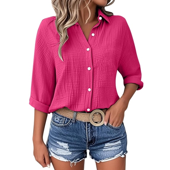 nerohusy Womens Shirts 3/4 Sleeve Plus Size Textured Collared Button Down Gauze Blouses Spring Dressy Casual Work Tunic Tops 2026 Hot Pink,L