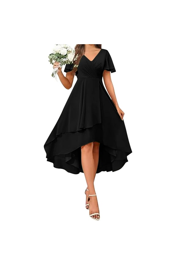 Womens Short Bridesmaid Dresses Chiffon A Line Flutter Sleeve High Low Ruched Bust Wedding Guests Formal Evening Party Gown 2025 Black,XL