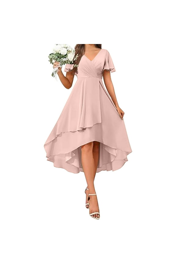 Womens Short Bridesmaid Dresses Chiffon A Line Flutter Sleeve High Low Ruched Bust Wedding Guests Formal Evening Party Gown 2025 Pink,XL